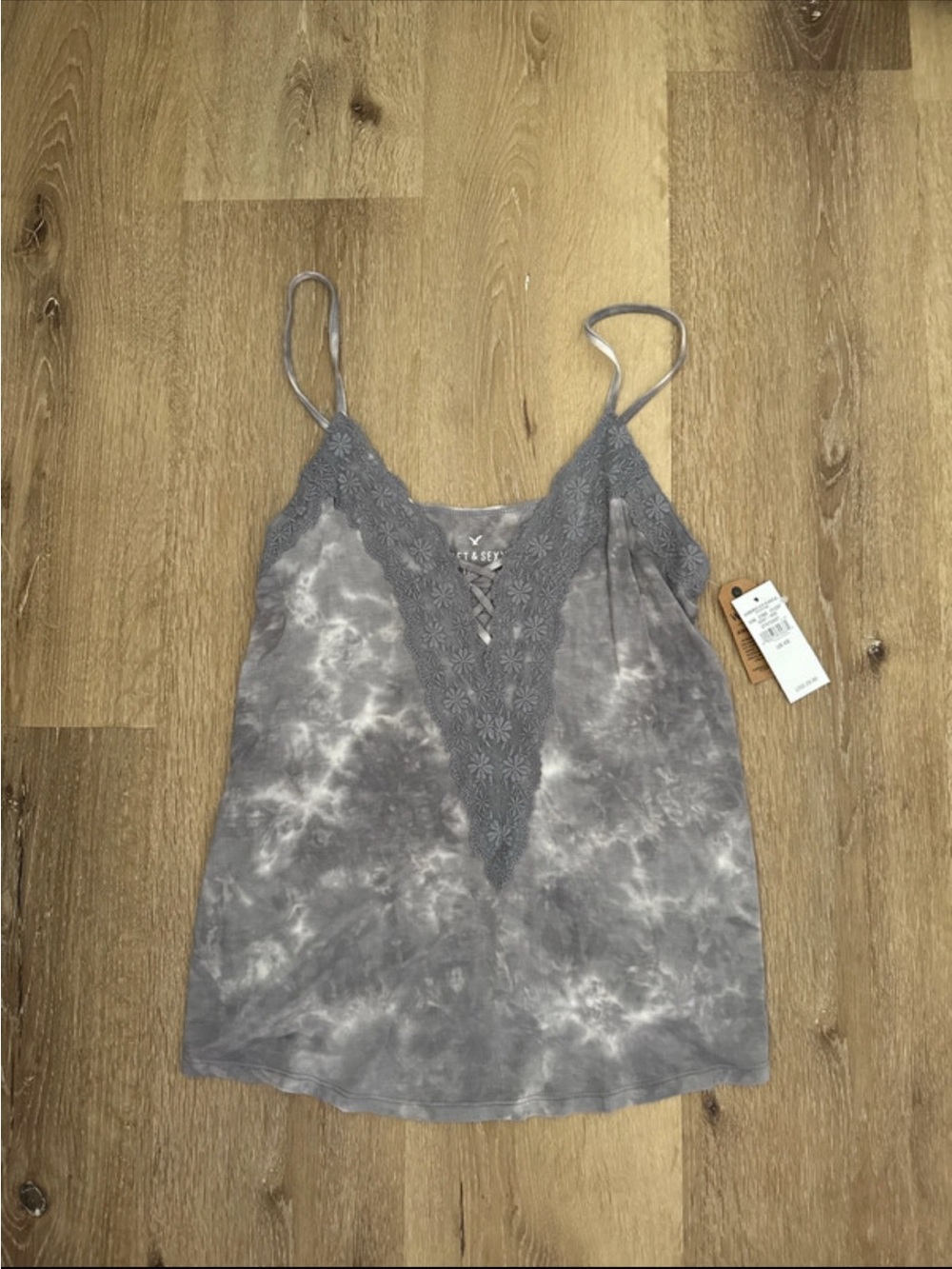 American Eagle Outfitters Gray Tie-Dye Lace-Trim Camisole Top
